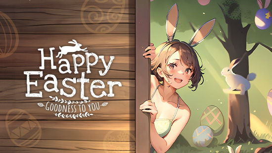 a Easter bunny-themed anime character with Easter egg background